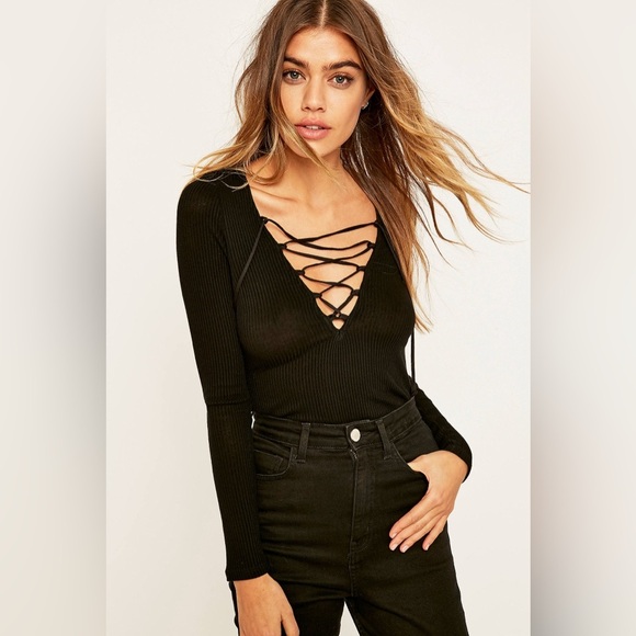 Urban Outfitters Plunge Lace-up Top - Grey - Picture 1 of 12